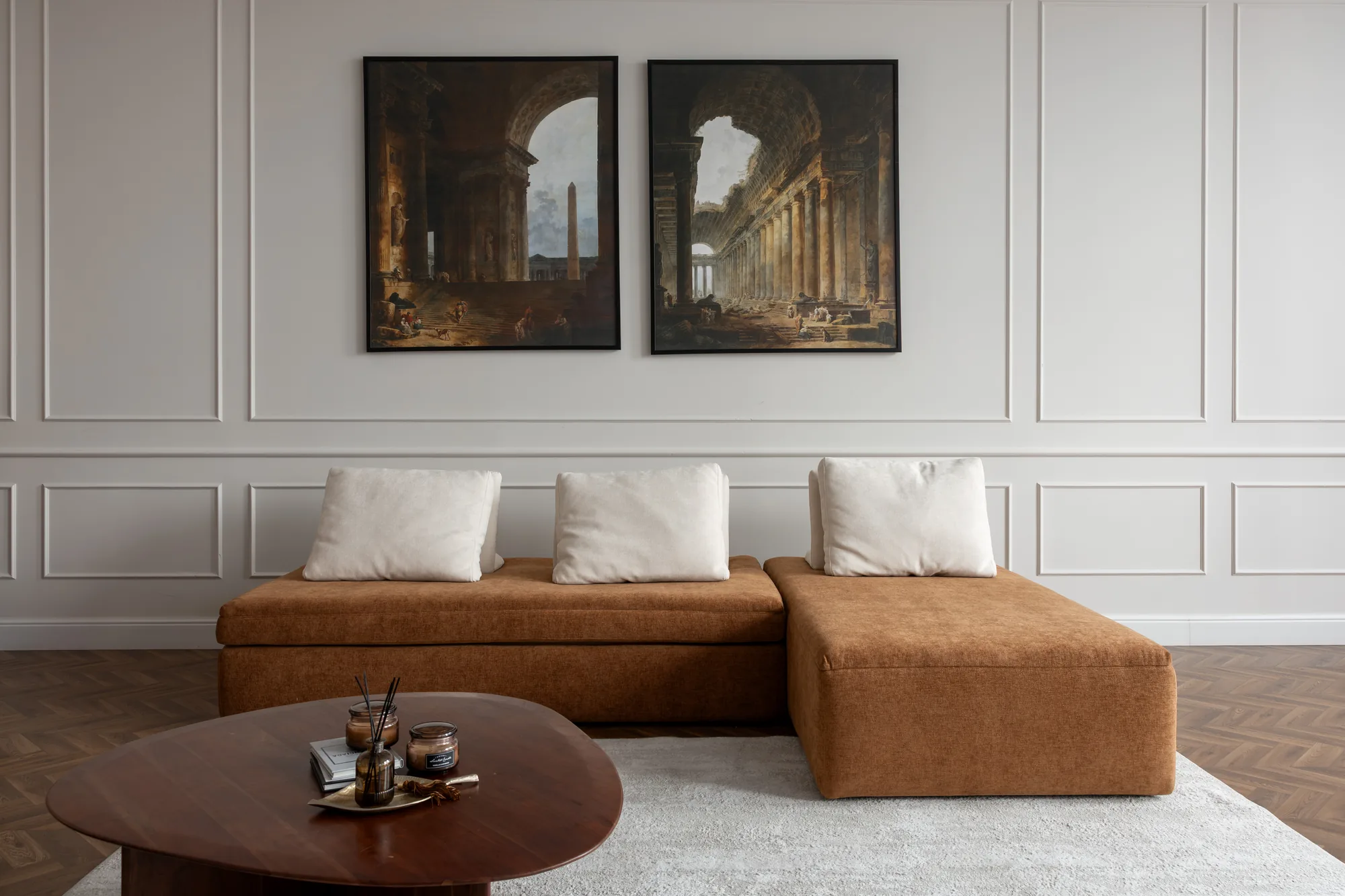 Colțar extensibil DUNE caramel cu perne crem – foto 1