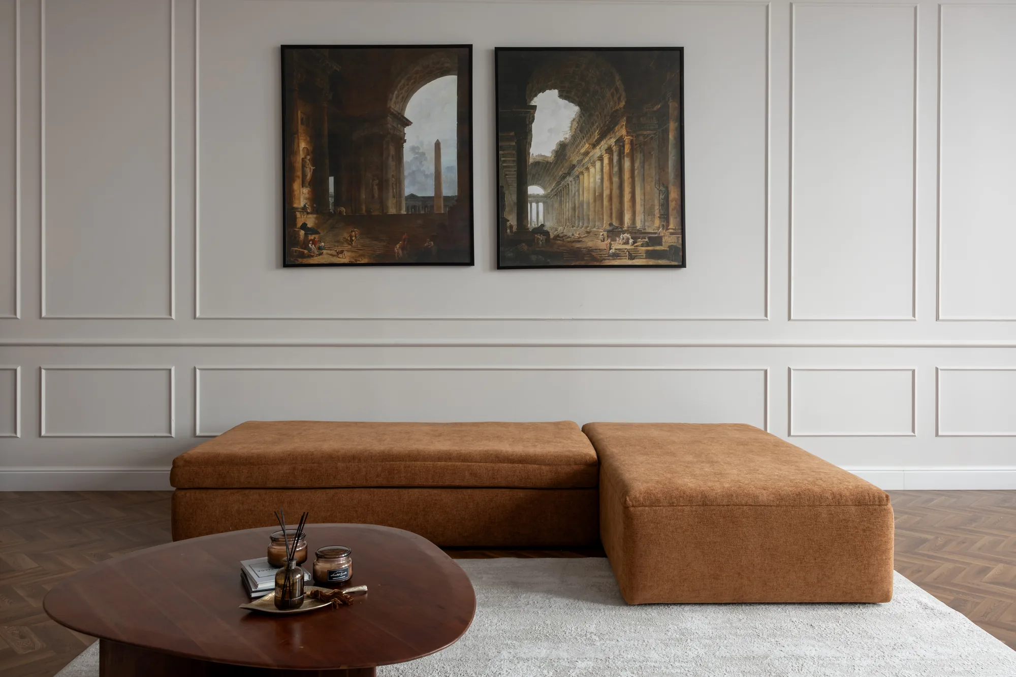 Colțar extensibil DUNE caramel cu perne crem – foto 2